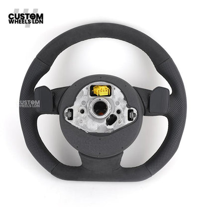Audi 8V Custom S-Line Flat Bottom Steering Wheel – Black Leather, Black Stitching, Silver Paddles, S-Line Badge | Fits A1, A3, S3, A4, A5, Q2, Q3, Q5 + more | Plug & Play | With Airbag | Upgrade for Older Models Available