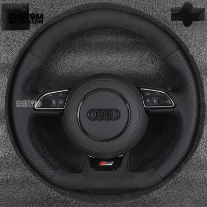 Audi 8V Custom S-Line Flat Bottom Steering Wheel – Black Leather, Black Stitching, Silver Paddles, S-Line Badge | Fits A1, A3, S3, A4, A5, Q2, Q3, Q5 + more | Plug & Play | With Airbag | Upgrade for Older Models Available