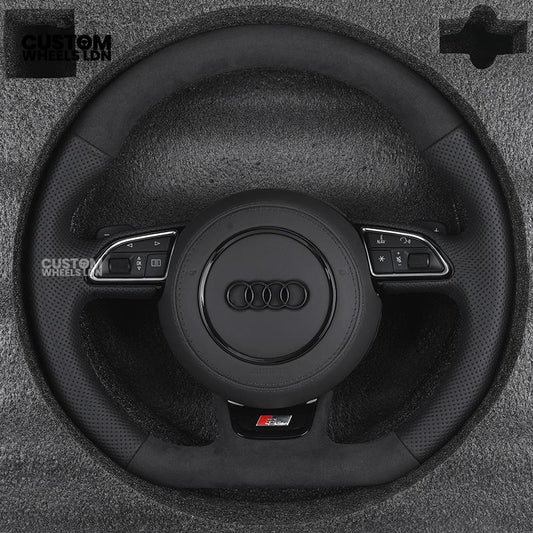 Audi 8V Custom S-Line Flat Bottom Steering Wheel – Black Leather, Black Stitching, Silver Paddles, S-Line Badge | Fits A1, A3, S3, A4, A5, Q2, Q3, Q5 + more | Plug & Play | With Airbag | Upgrade for Older Models Available