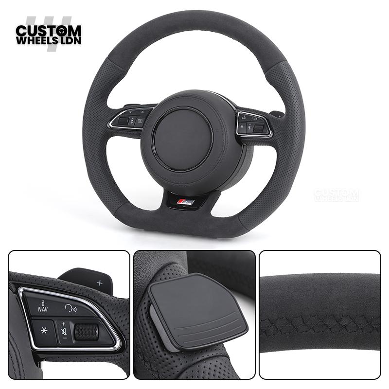 Audi 8V Custom S-Line Flat Bottom Steering Wheel – Black Leather, Black Stitching, Silver Paddles, S-Line Badge | Fits A1, A3, S3, A4, A5, Q2, Q3, Q5 + more | Plug & Play | With Airbag | Upgrade for Older Models Available