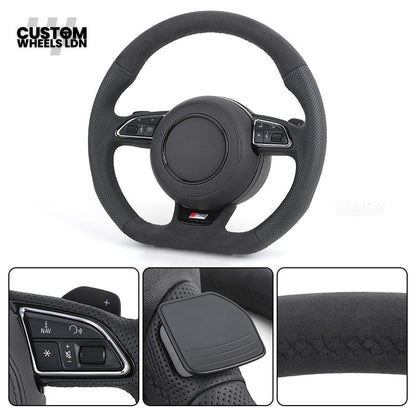 Audi 8V Custom S-Line Flat Bottom Steering Wheel – Black Leather, Black Stitching, Silver Paddles, S-Line Badge | Fits A1, A3, S3, A4, A5, Q2, Q3, Q5 + more | Plug & Play | With Airbag | Upgrade for Older Models Available