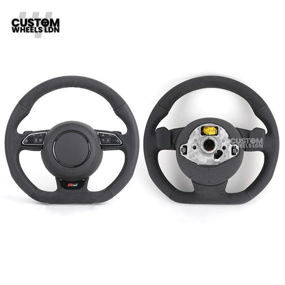 Audi 8V Custom S-Line Flat Bottom Steering Wheel – Black Leather, Black Stitching, Silver Paddles, S-Line Badge | Fits A1, A3, S3, A4, A5, Q2, Q3, Q5 + more | Plug & Play | With Airbag | Upgrade for Older Models Available