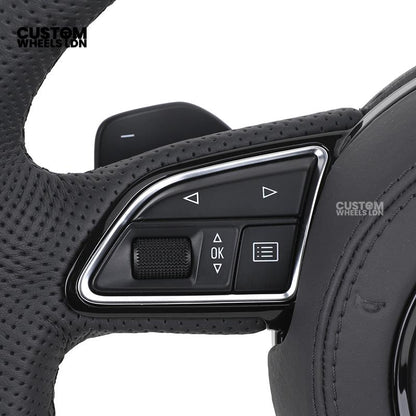 Audi 8V Custom S-Line Flat Bottom Steering Wheel – Black Leather, Black Stitching, Silver Paddles, S-Line Badge | Fits A1, A3, S3, A4, A5, Q2, Q3, Q5 + more | Plug & Play | With Airbag | Upgrade for Older Models Available