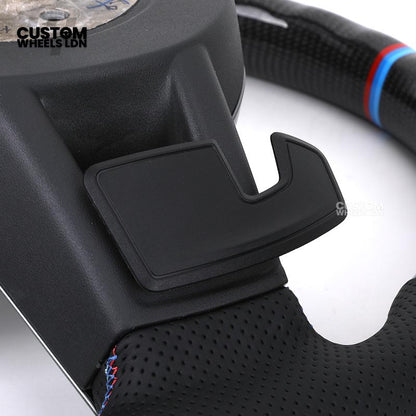 BMW Custom i5 G60 Flat Bottom Steering Wheel – Carbon Fiber, BMW M Stripe, Silver Trim, Perforated Leather Grips | Fits G20 3 Series, G22 4 Series, G30 5 Series + more | Plug & Play | Retrofit Upgrade for Older Models