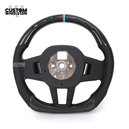 BMW Custom i5 G60 Flat Bottom Steering Wheel – Carbon Fiber, BMW M Stripe, Black Trim, Perforated Leather Grips | Fits G20 3 Series, G22 4 Series, G30 5 Series + more | Plug & Play | Retrofit Upgrade for Older Models