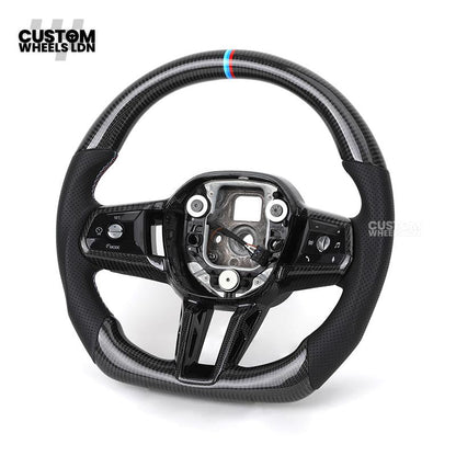BMW Custom i5 G60 Flat Bottom Steering Wheel – Carbon Fiber, BMW M Stripe, Black Trim, Perforated Leather Grips | Fits G20 3 Series, G22 4 Series, G30 5 Series + more | Plug & Play | Retrofit Upgrade for Older Models