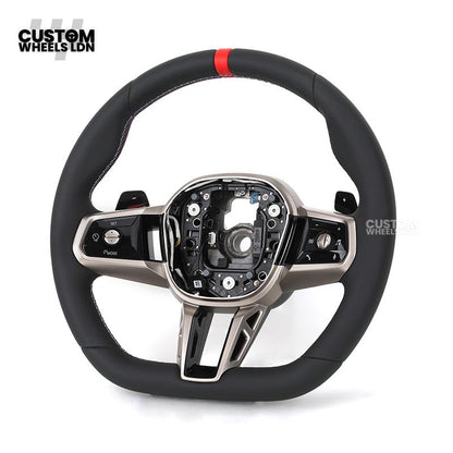 BMW Custom Steering Wheel – G42 G87 Style, Smooth Black Leather, Red Centre Stripe, Gloss Black & Satin Silver Trim, Touch Controls | Fits G20 3 Series, G42 2 Series, G87 M2 + more | Plug & Play | Retrofit Upgrade for Older Models