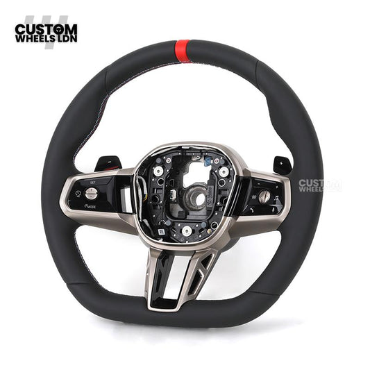 BMW Custom Steering Wheel – G42 G87 Style, Smooth Black Leather, Red Centre Stripe, Gloss Black & Satin Silver Trim, Touch Controls | Fits G20 3 Series, G42 2 Series, G87 M2 + more | Plug & Play | Retrofit Upgrade for Older Models