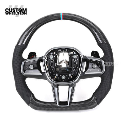 BMW Custom i5 G60 Flat Bottom Steering Wheel – Carbon Fiber, BMW M Stripe, Silver Trim, Perforated Leather Grips | Fits G20 3 Series, G22 4 Series, G30 5 Series + more | Plug & Play | Retrofit Upgrade for Older Models