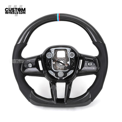BMW Custom i5 G60 Flat Bottom Steering Wheel – Carbon Fiber, BMW M Stripe, Black Trim, Perforated Leather Grips | Fits G20 3 Series, G22 4 Series, G30 5 Series + more | Plug & Play | Retrofit Upgrade for Older Models