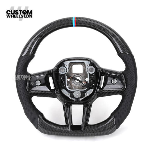 BMW Custom i5 G60 Flat Bottom Steering Wheel – Carbon Fiber, BMW M Stripe, Black Trim, Perforated Leather Grips | Fits G20 3 Series, G22 4 Series, G30 5 Series + more | Plug & Play | Retrofit Upgrade for Older Models