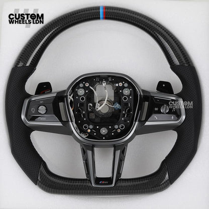 BMW Custom i5 G60 Flat Bottom Steering Wheel – Carbon Fiber, BMW M Stripe, Silver Trim, Perforated Leather Grips | Fits G20 3 Series, G22 4 Series, G30 5 Series + more | Plug & Play | Retrofit Upgrade for Older Models