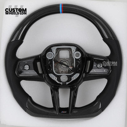 BMW Custom i5 G60 Flat Bottom Steering Wheel – Carbon Fiber, BMW M Stripe, Black Trim, Perforated Leather Grips | Fits G20 3 Series, G22 4 Series, G30 5 Series + more | Plug & Play | Retrofit Upgrade for Older Models