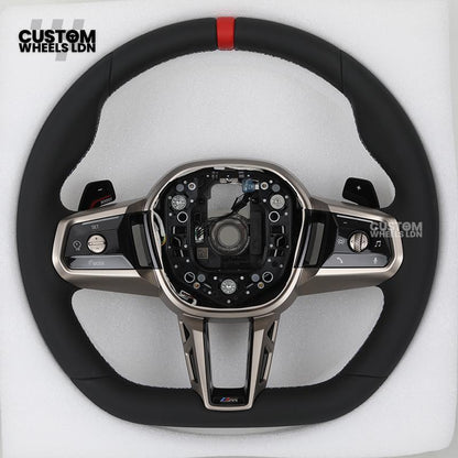 BMW Custom Steering Wheel – G42 G87 Style, Smooth Black Leather, Red Centre Stripe, Gloss Black & Satin Silver Trim, Touch Controls | Fits G20 3 Series, G42 2 Series, G87 M2 + more | Plug & Play | Retrofit Upgrade for Older Models