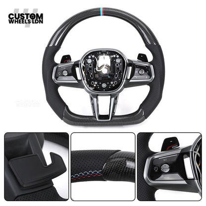 BMW Custom i5 G60 Flat Bottom Steering Wheel – Carbon Fiber, BMW M Stripe, Silver Trim, Perforated Leather Grips | Fits G20 3 Series, G22 4 Series, G30 5 Series + more | Plug & Play | Retrofit Upgrade for Older Models