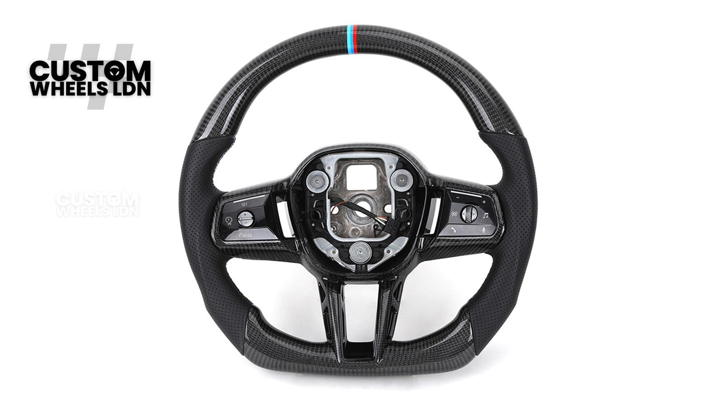 BMW Custom i5 G60 Flat Bottom Steering Wheel – Carbon Fiber, BMW M Stripe, Black Trim, Perforated Leather Grips | Fits G20 3 Series, G22 4 Series, G30 5 Series + more | Plug & Play | Retrofit Upgrade for Older Models