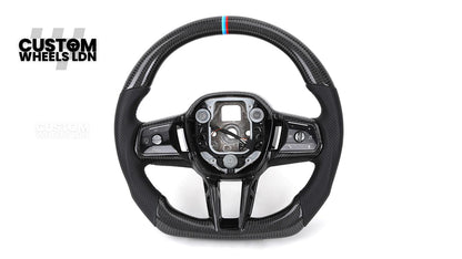 BMW Custom i5 G60 Flat Bottom Steering Wheel – Carbon Fiber, BMW M Stripe, Black Trim, Perforated Leather Grips | Fits G20 3 Series, G22 4 Series, G30 5 Series + more | Plug & Play | Retrofit Upgrade for Older Models