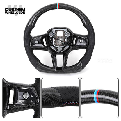 BMW Custom i5 G60 Flat Bottom Steering Wheel – Carbon Fiber, BMW M Stripe, Black Trim, Perforated Leather Grips | Fits G20 3 Series, G22 4 Series, G30 5 Series + more | Plug & Play | Retrofit Upgrade for Older Models