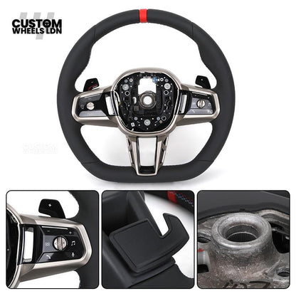 BMW Custom Steering Wheel – G42 G87 Style, Smooth Black Leather, Red Centre Stripe, Gloss Black & Satin Silver Trim, Touch Controls | Fits G20 3 Series, G42 2 Series, G87 M2 + more | Plug & Play | Retrofit Upgrade for Older Models