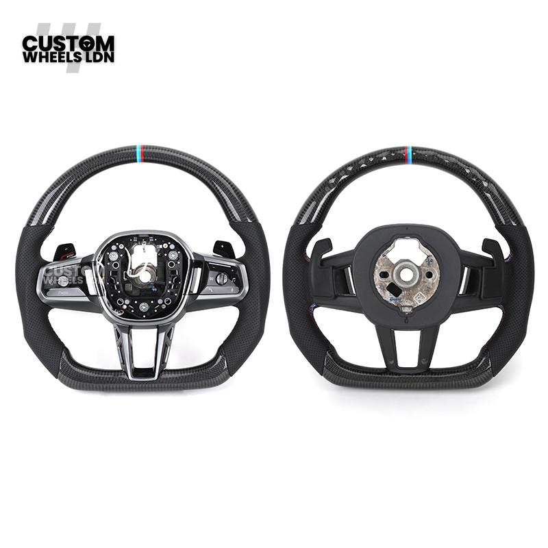 BMW Custom i5 G60 Flat Bottom Steering Wheel – Carbon Fiber, BMW M Stripe, Silver Trim, Perforated Leather Grips | Fits G20 3 Series, G22 4 Series, G30 5 Series + more | Plug & Play | Retrofit Upgrade for Older Models