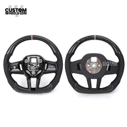 BMW Custom i5 G60 Flat Bottom Steering Wheel – Carbon Fiber, BMW M Stripe, Black Trim, Perforated Leather Grips | Fits G20 3 Series, G22 4 Series, G30 5 Series + more | Plug & Play | Retrofit Upgrade for Older Models
