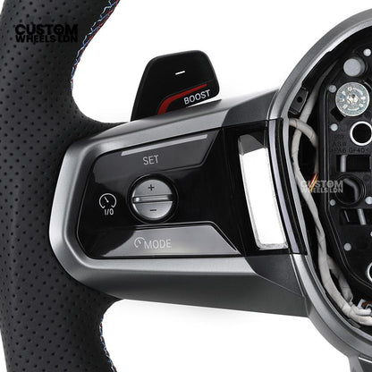BMW Custom i5 G60 Flat Bottom Steering Wheel – Carbon Fiber, BMW M Stripe, Silver Trim, Perforated Leather Grips | Fits G20 3 Series, G22 4 Series, G30 5 Series + more | Plug & Play | Retrofit Upgrade for Older Models