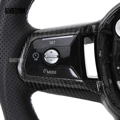 BMW Custom i5 G60 Flat Bottom Steering Wheel – Carbon Fiber, BMW M Stripe, Black Trim, Perforated Leather Grips | Fits G20 3 Series, G22 4 Series, G30 5 Series + more | Plug & Play | Retrofit Upgrade for Older Models