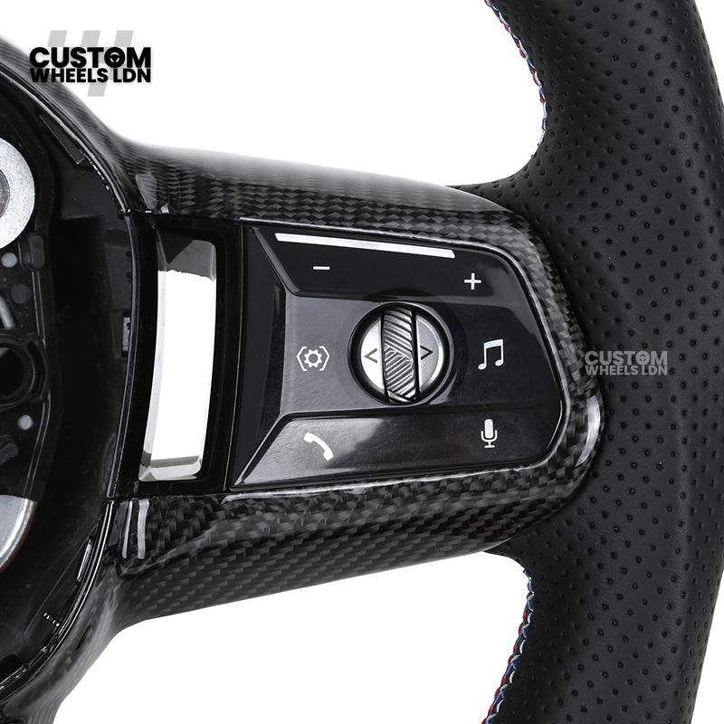 BMW Custom i5 G60 Flat Bottom Steering Wheel – Carbon Fiber, BMW M Stripe, Black Trim, Perforated Leather Grips | Fits G20 3 Series, G22 4 Series, G30 5 Series + more | Plug & Play | Retrofit Upgrade for Older Models