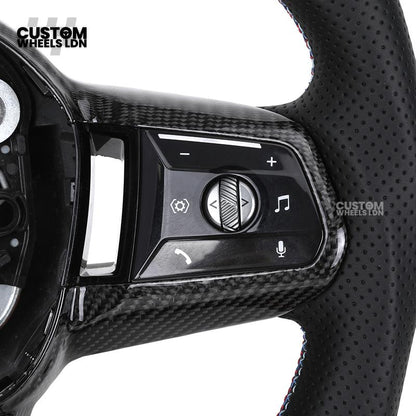 BMW Custom i5 G60 Flat Bottom Steering Wheel – Carbon Fiber, BMW M Stripe, Black Trim, Perforated Leather Grips | Fits G20 3 Series, G22 4 Series, G30 5 Series + more | Plug & Play | Retrofit Upgrade for Older Models