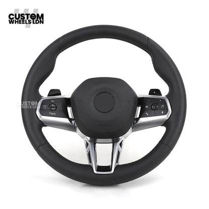 BMW i5 G60 2023 Steering Wheel – Smooth Black Leather, Silver Trim, Touch-Style Controls | Fits G60 5 Series, G70 7 Series, i5 + more | Plug & Play | Retrofit Upgrade for Older Models