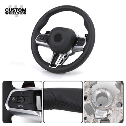 BMW i5 G60 2023 Steering Wheel – Smooth Black Leather, Silver Trim, Touch-Style Controls | Fits G60 5 Series, G70 7 Series, i5 + more | Plug & Play | Retrofit Upgrade for Older Models