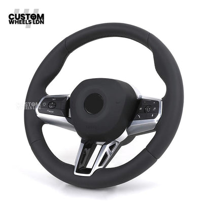 BMW i5 G60 2023 Steering Wheel – Smooth Black Leather, Silver Trim, Touch-Style Controls | Fits G60 5 Series, G70 7 Series, i5 + more | Plug & Play | Retrofit Upgrade for Older Models