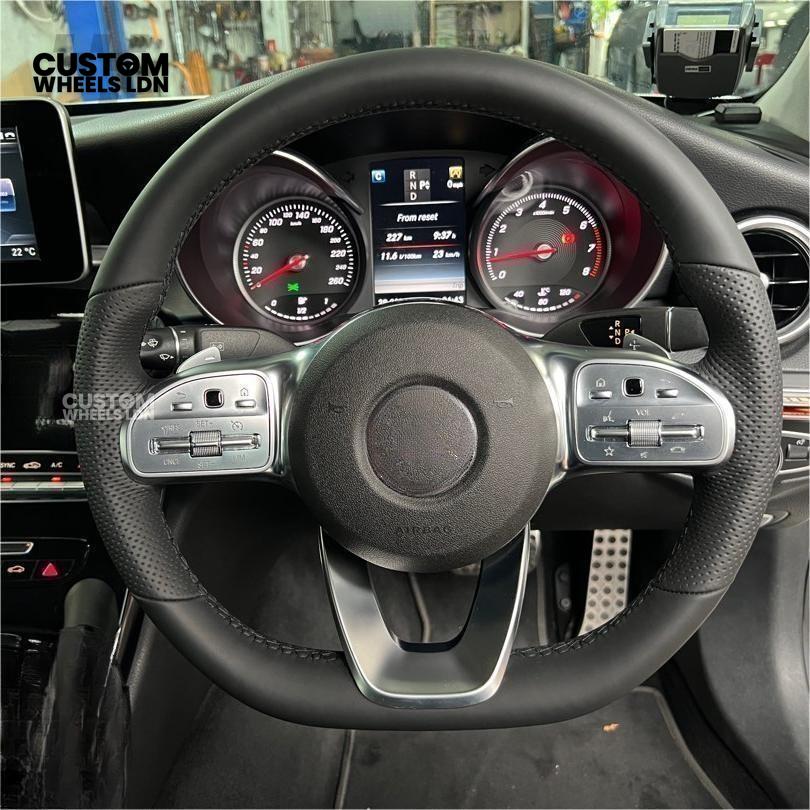 Mercedes Custom Steering Wheel – Satin Silver Spokes, Perforated Leather Grip, Flat Bottom Design | Complete Wheel with Airbag | Plug & Play | Retrofit for Older Models | Fits C-Class, E-Class, GLC, W205, W213, CLA + more