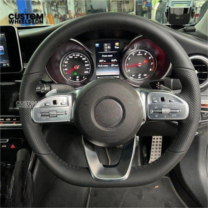 Mercedes Custom Steering Wheel – Satin Silver Spokes, Perforated Leather Grip, Flat Bottom Design | Complete Wheel with Airbag | Plug & Play | Retrofit for Older Models | Fits C-Class, E-Class, GLC, W205, W213, CLA + more
