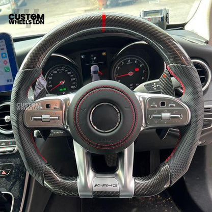Mercedes Custom Steering Wheel | AMG Style Carbon & Leather | Red Stitching & Center Stripe | Complete Retrofit for Older Models | Fits W204 W212 W218 + more