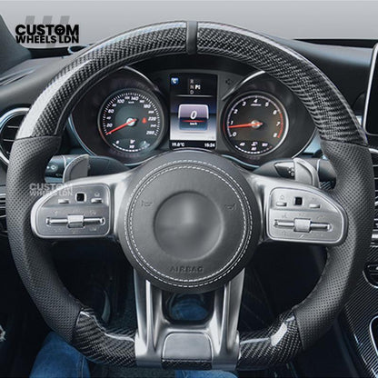 Mercedes Custom Steering Wheel | AMG Style Carbon & Leather | Full Black with Silver Trim | Complete Retrofit for Older Models | Fits W204 W212 W218 + more
