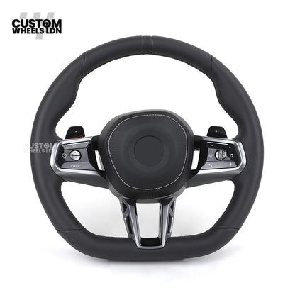 BMW i5 G60 2023 Steering Wheel – Smooth Black Leather, Silver Trim, Touch-Style Controls | Fits G60 5 Series, G70 7 Series, i5 + more | Plug & Play | Retrofit Upgrade for Older Models